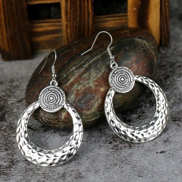 Any 2/$20! Dimpled Silver Circular Boho Drop Earrings - Picture 3 of 6